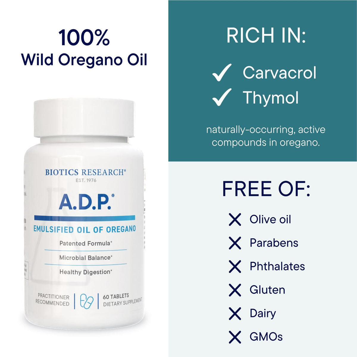 BIOTICS RESEARCH A.D.P. Huile d'Origan Émulsifiée 50mg flacon arrière