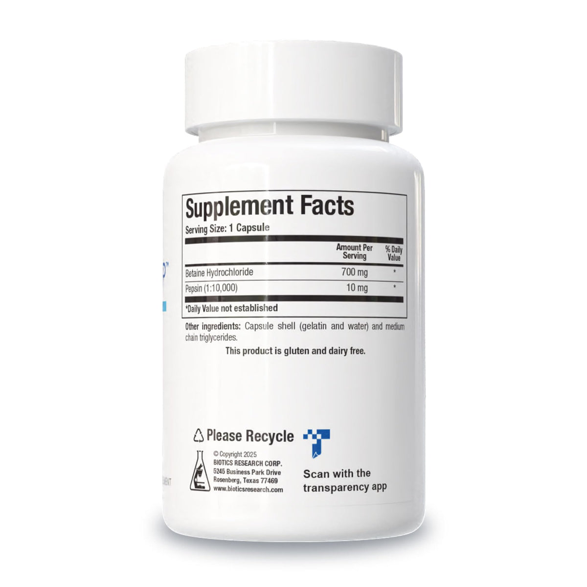 BIOTICS RESEARCH Betaine Plus HP HCL 700mg capsules side view