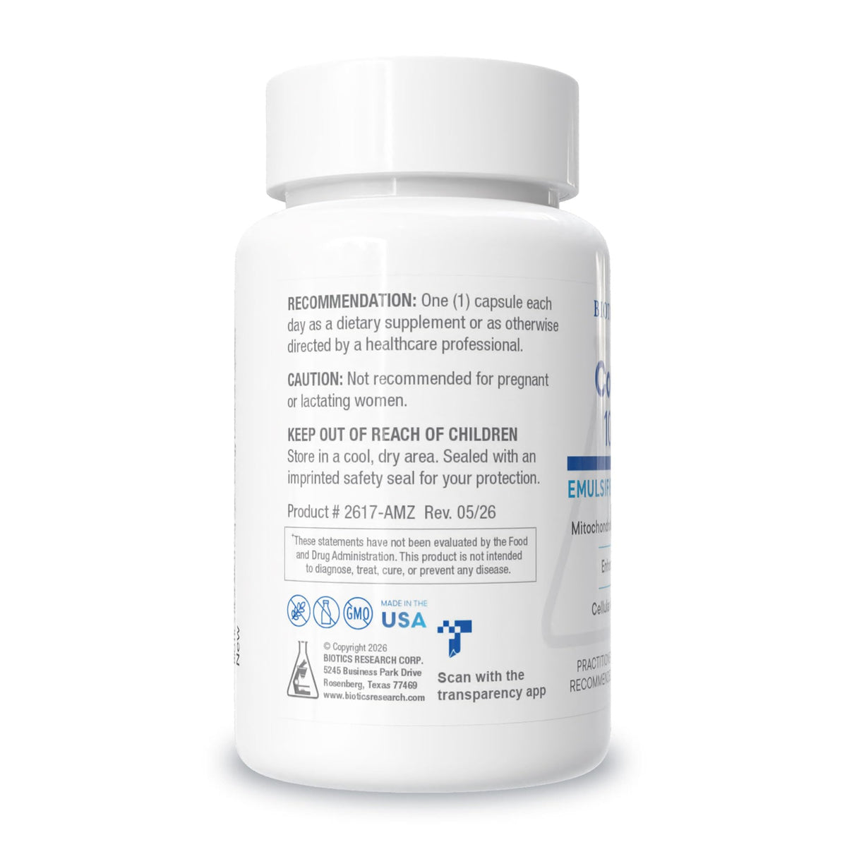 BIOTICS RESEARCH Coq-Zyme 100 Plus side view showing capsule details