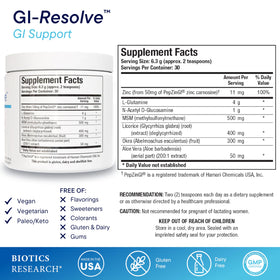 BIOTICS RESEARCH GI Resolve L-Glutamine Poudre 240g étiquette