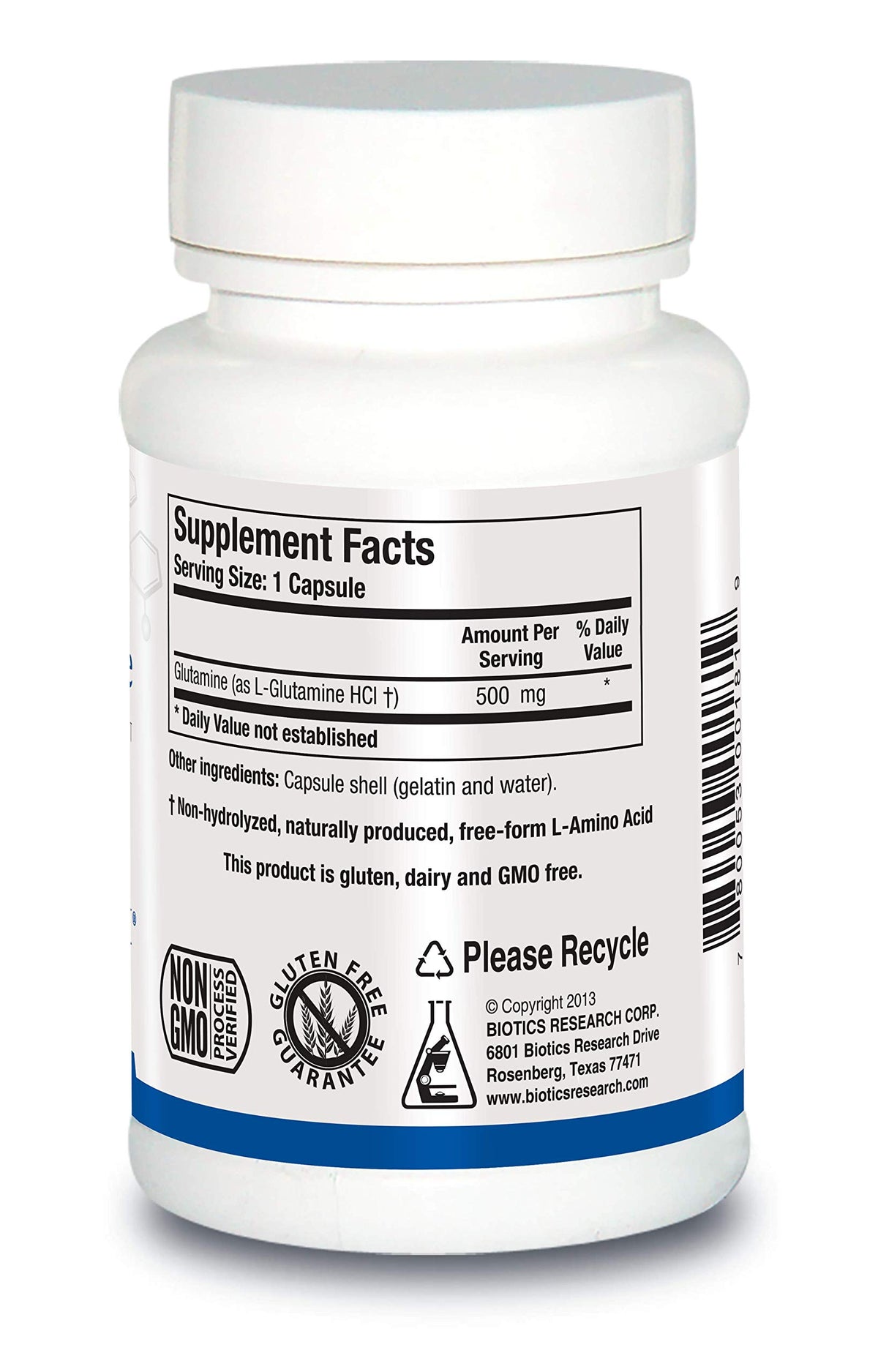 BIOTICS RESEARCH L-Glutamine 500mg 180 Capsules - vue arrière