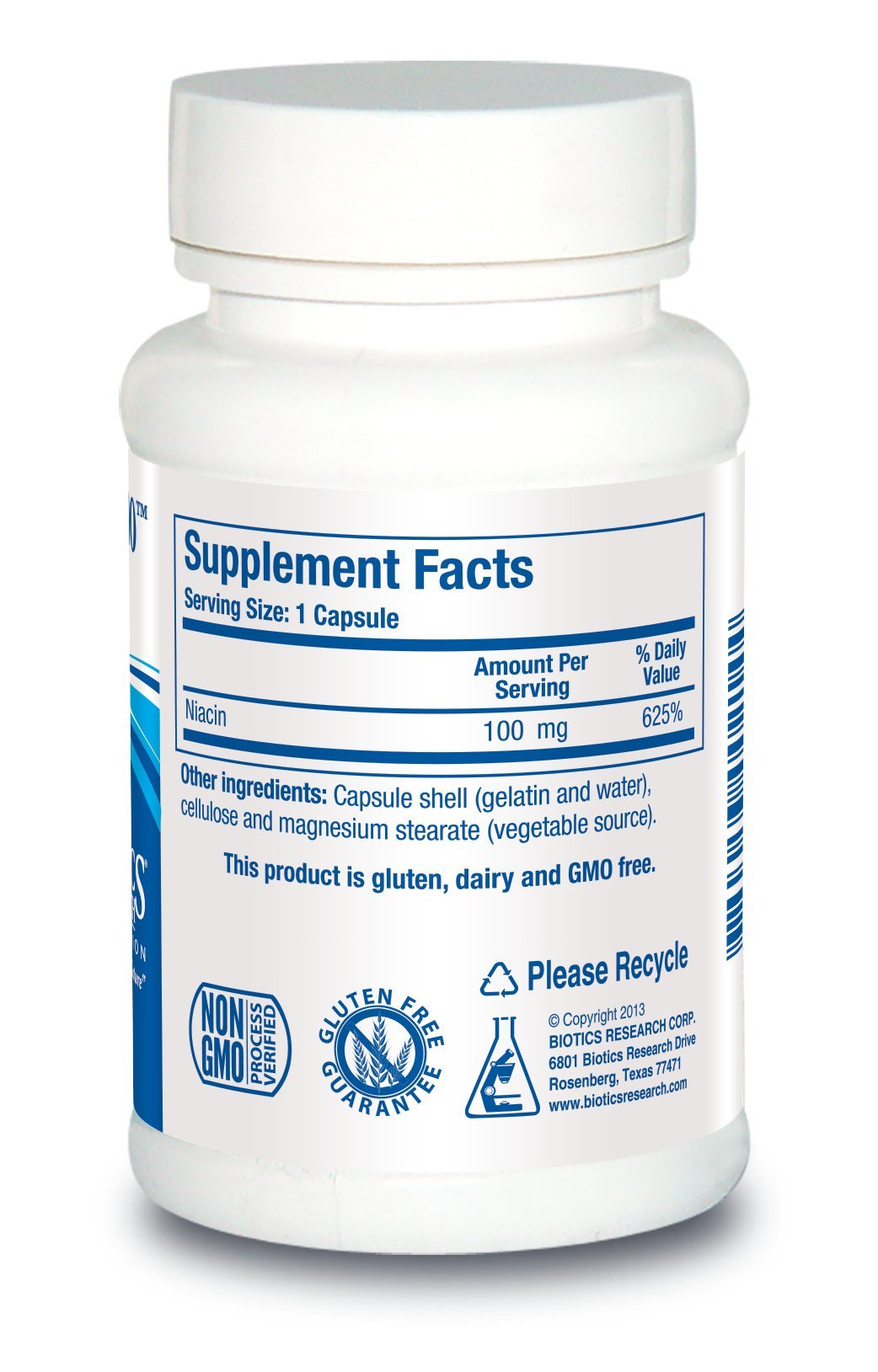 BIOTICS RESEARCH Niacine 100mg, vue arrière de l'emballage