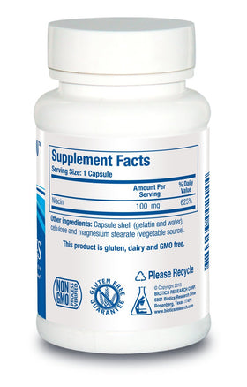 BIOTICS RESEARCH Niacine 100mg, vue arrière de l'emballage