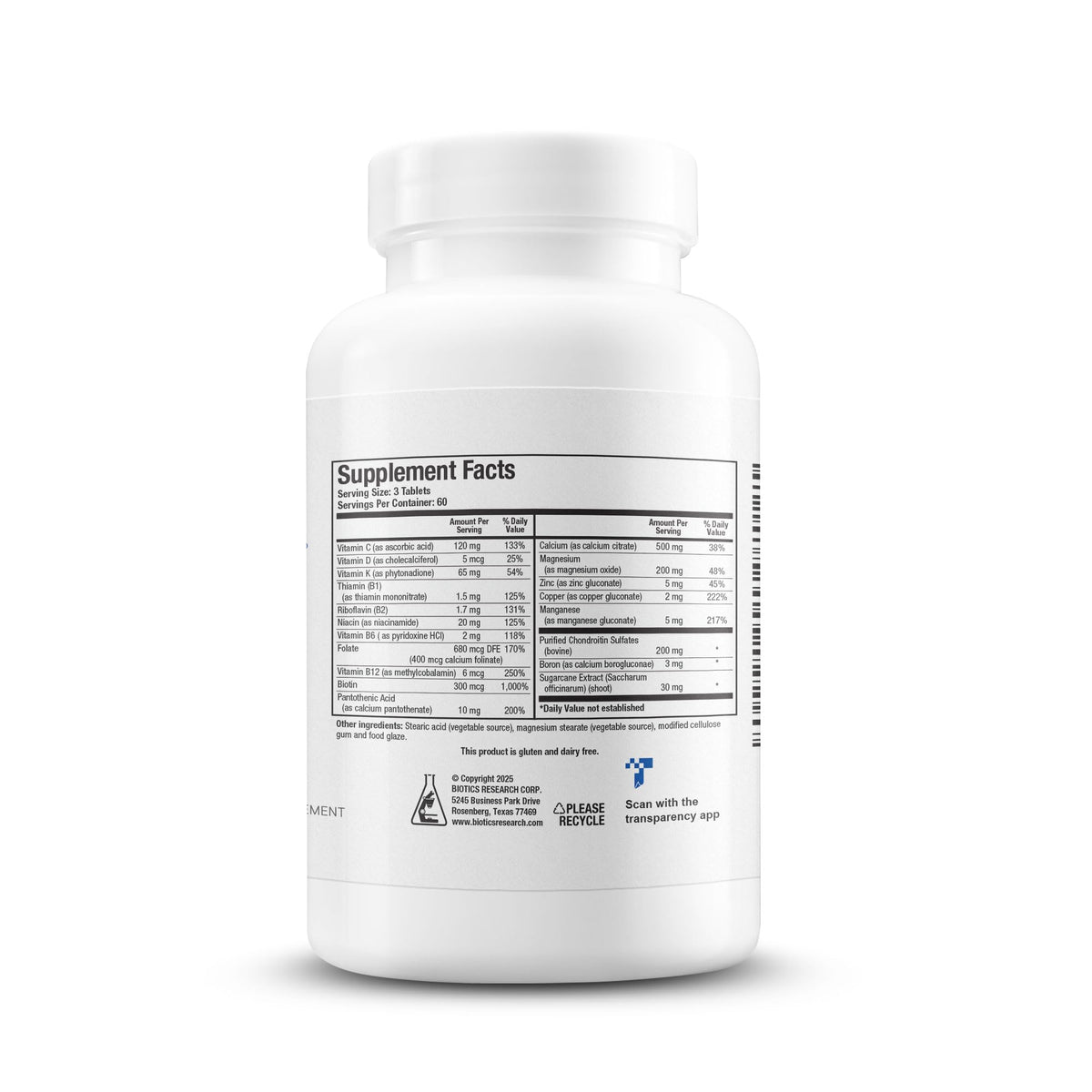 BIOTICS RESEARCH Osteo B Plus emballage et informations nutritionnelles