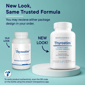 BIOTICS RESEARCH Thyrostim™ comprimés à côté d'un verre d'eau