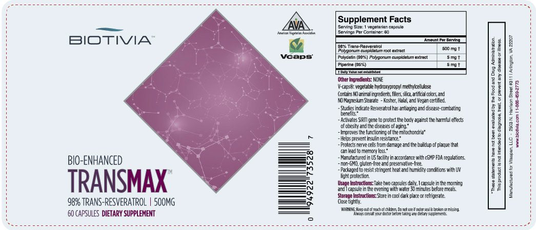 Biotivia Transmax 1000mg capsules on a wooden surface