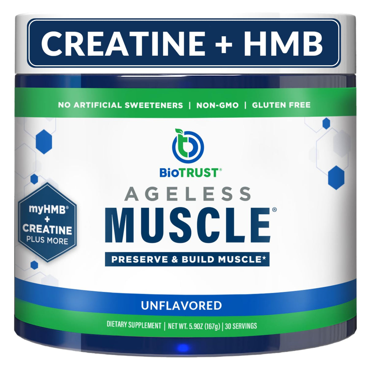 BioTrust Ageless Muscle Builder unflavored powder front view