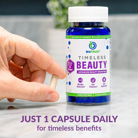 BioTrust Complément Alimentaire Cheveux, Peau & Ongles, capsules avec ingrédients naturels en arrière-plan