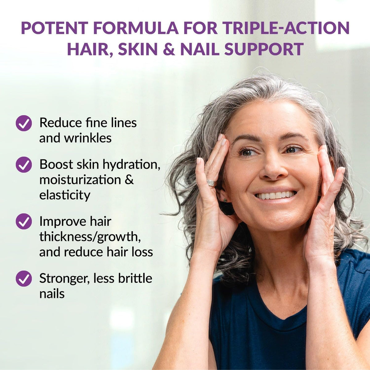 BioTrust Complément Alimentaire Cheveux, Peau & Ongles, capsules sur une surface blanche