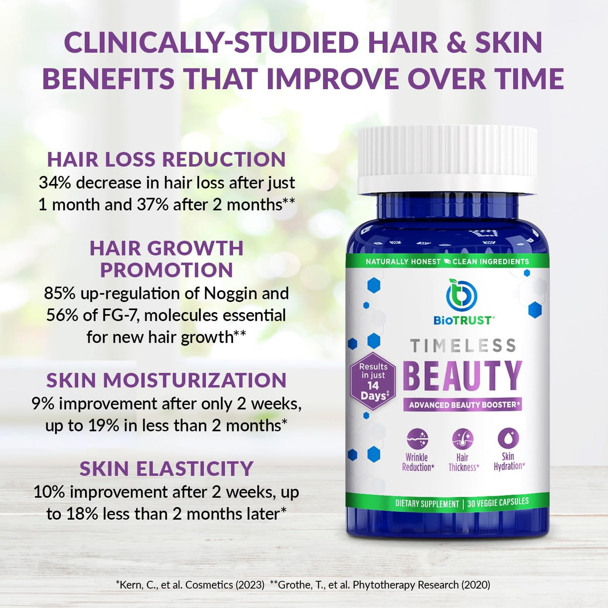 BioTrust Complément Alimentaire Cheveux, Peau & Ongles, flacon avec capsules sur fond naturel
