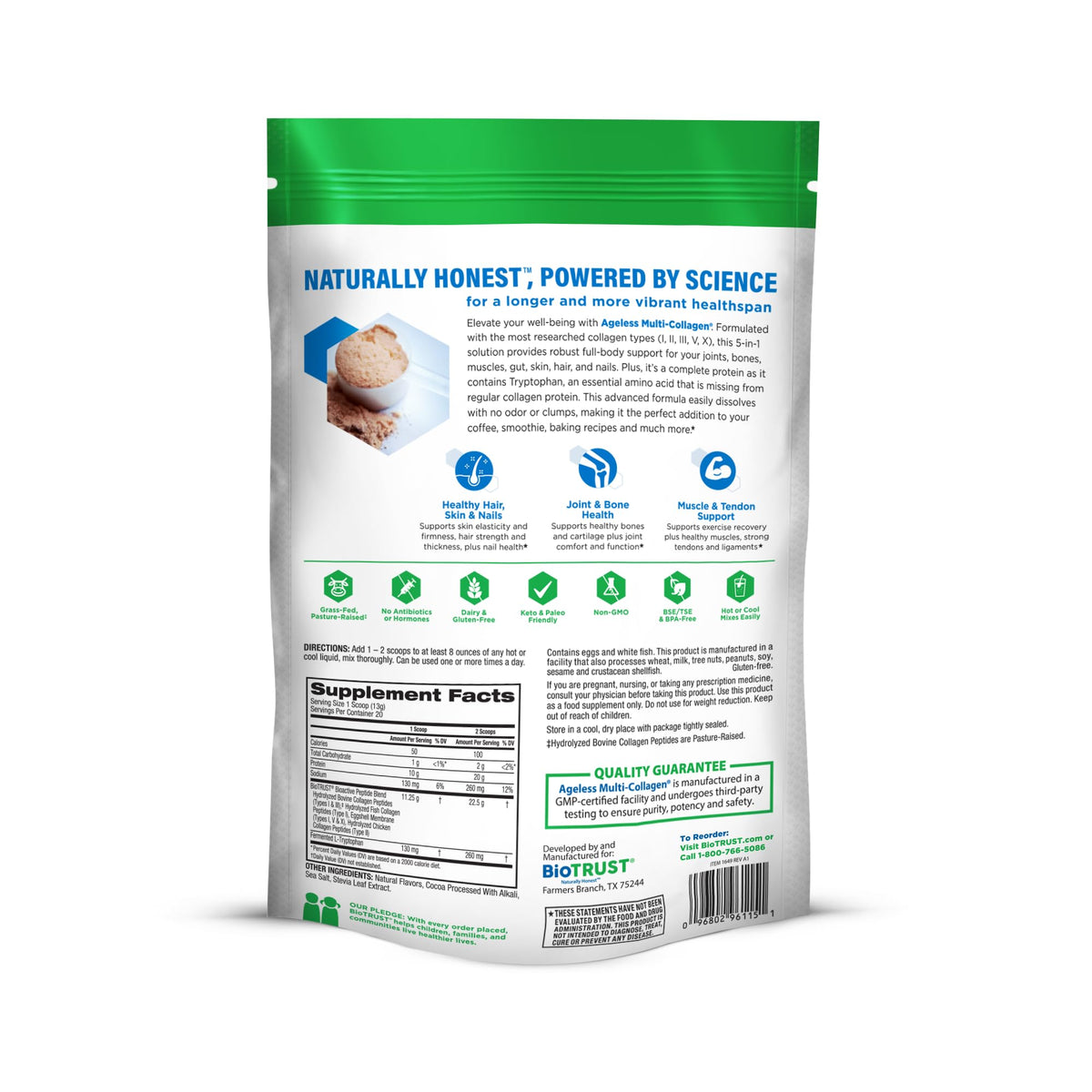 BioTrust Multi Collagène Poudre Chocolat versée dans un verre