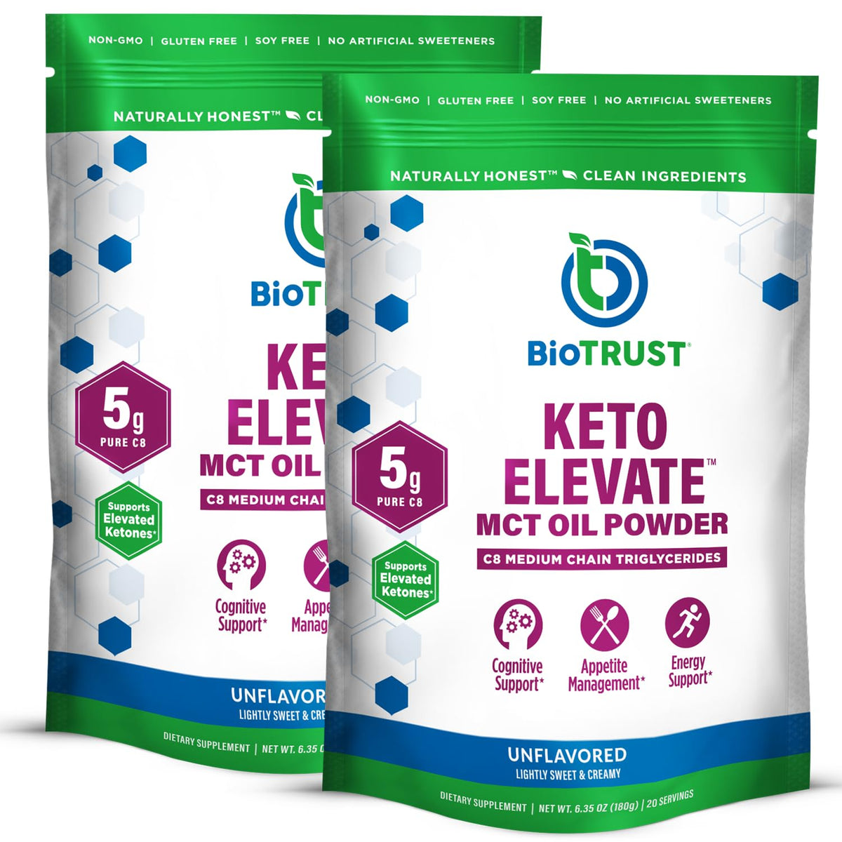 BioTrust Poudre d'Huile MCT C8 modèle de devant avec emballage