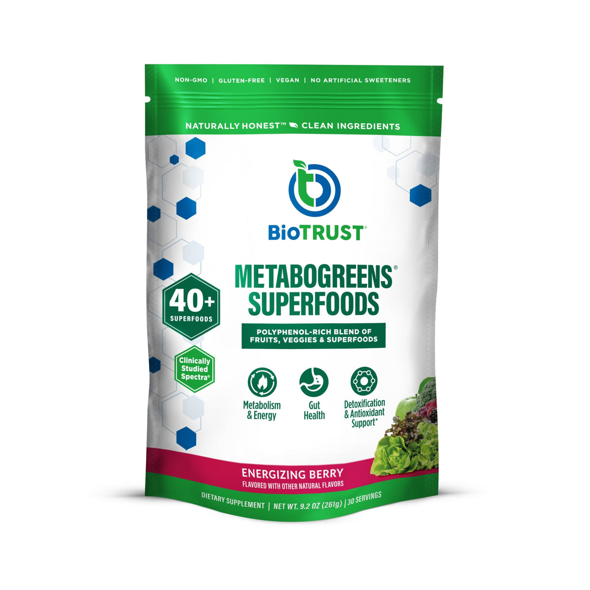 BioTrust Super Greens Poudre vue avant avec emballage