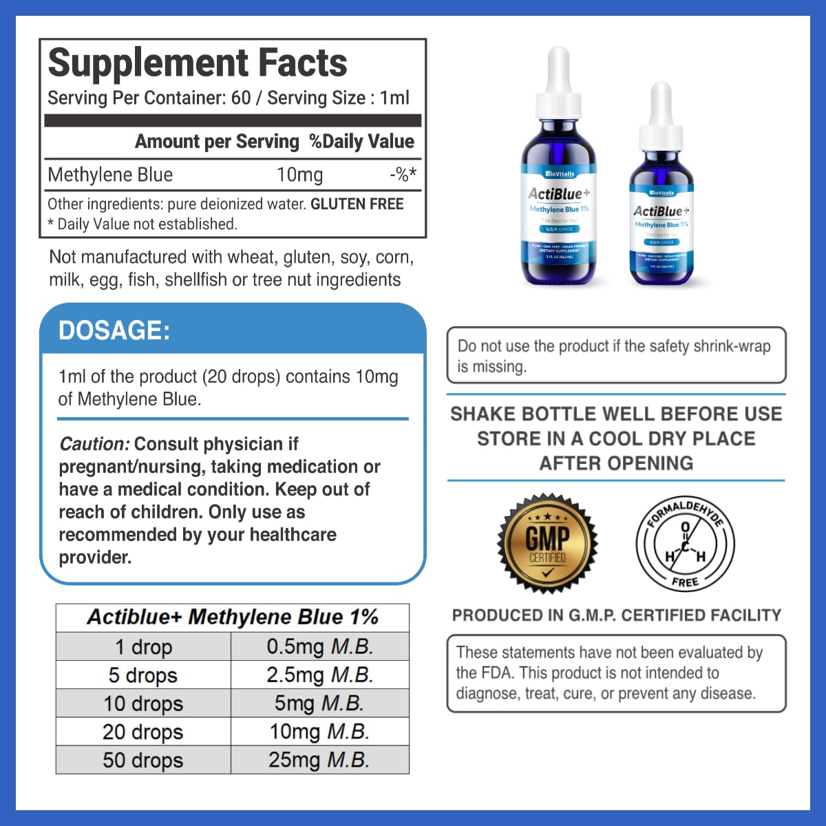Biovitalis Solutions Actiblue+ Methylene Blue 1% avec pipette