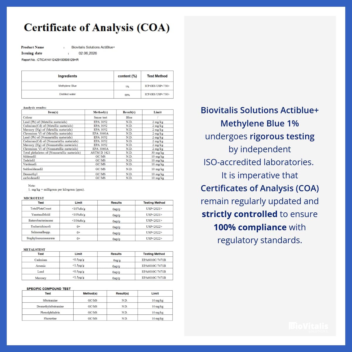 Biovitalis Solutions Actiblue+ Methylene Blue 1% sur un fond neutre