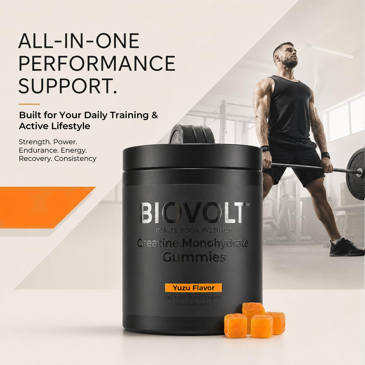 BIOVOLT Gélules de Créatine Monohydrate 5000mg, gummies sur une table