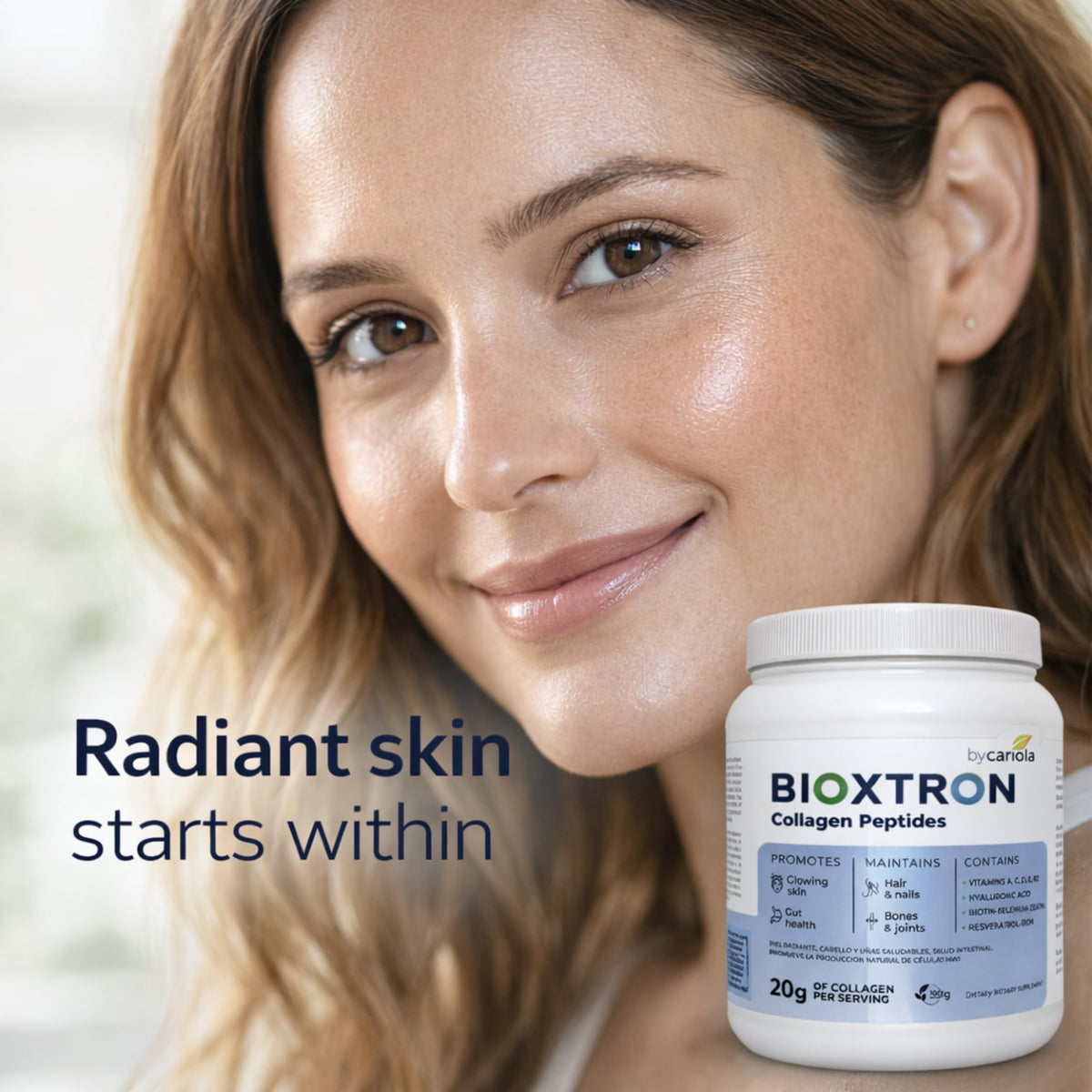 Bioxtron Poudre de Collagène Peptides Type I 600g à côté de bouteilles de vitamines