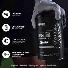 BIRDMAN Poudre de Créatine Monohydrate Micronisée 440g sur une table