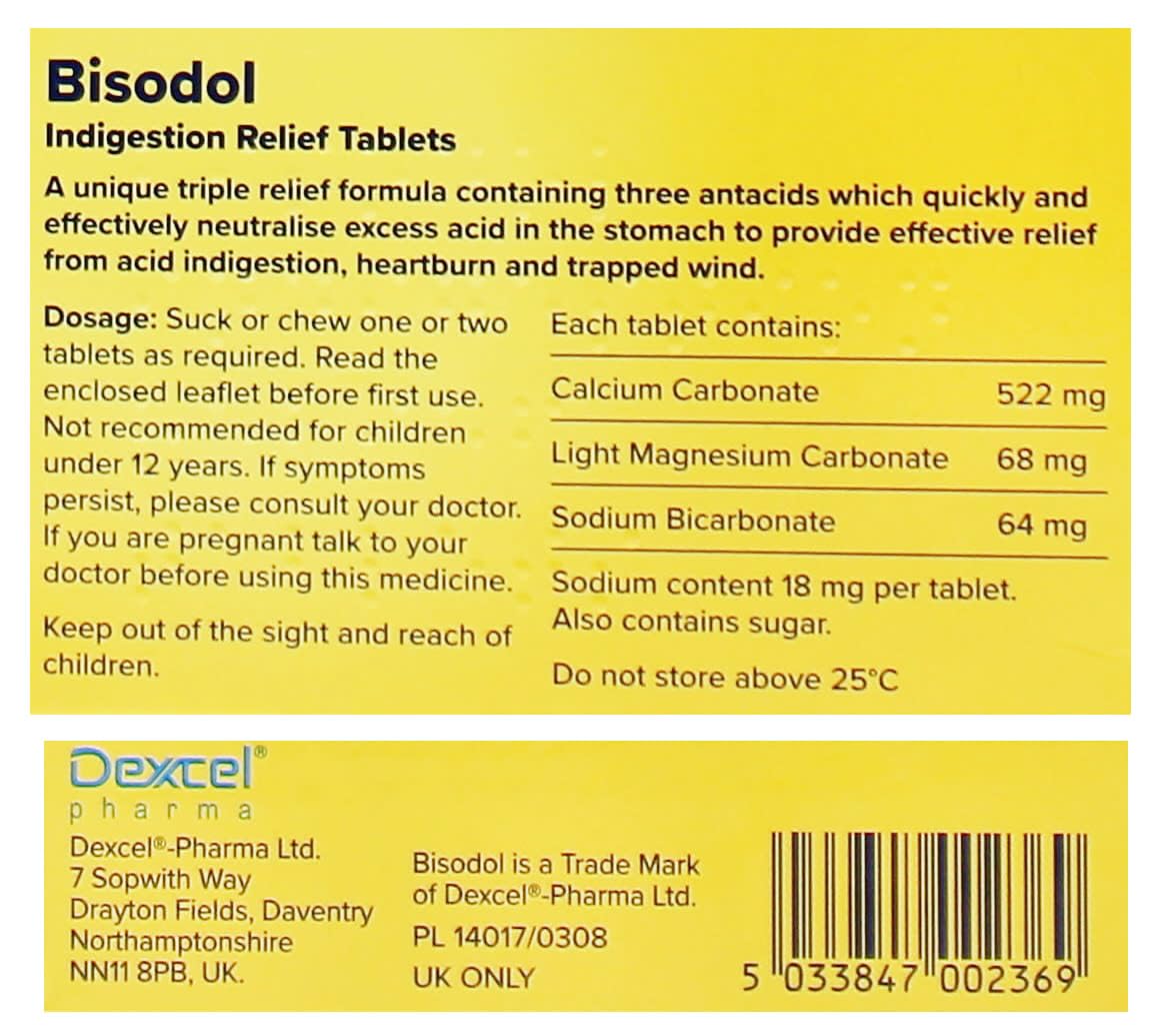 Bisodol Comprimés Anti-Indigestion - Dos de la boîte