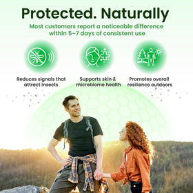 BITESHIELD capsules sur une table avec des plantes