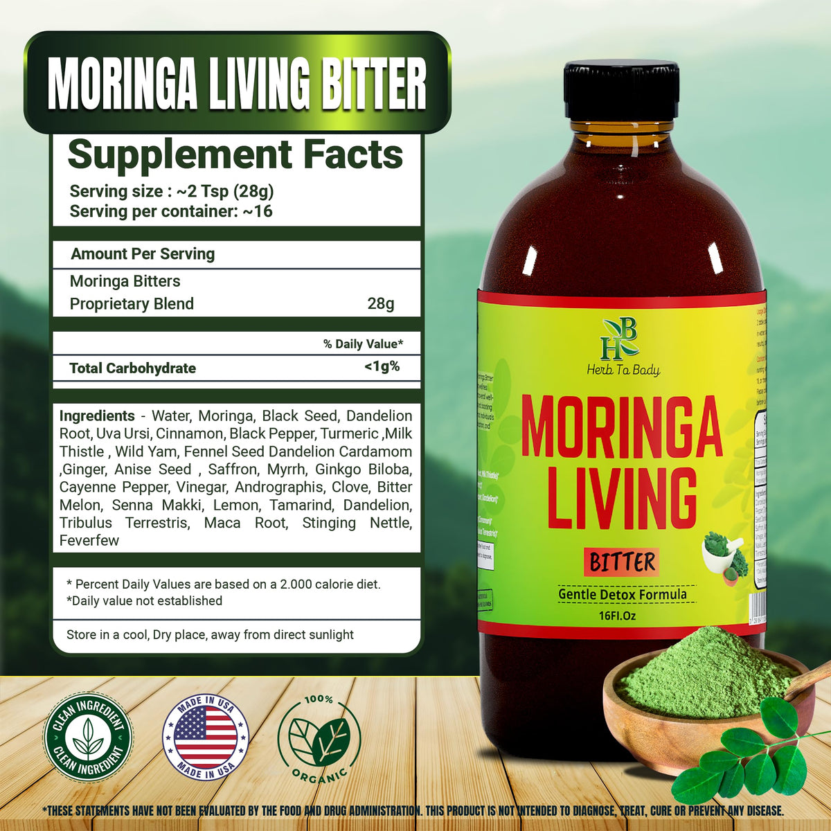 Bitters de Moringa Herb To Body sur une table en bois