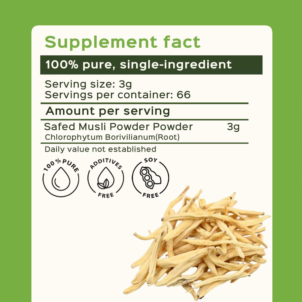 bixa BOTANICAL Poudre de Safed Musli 200 g étiquette