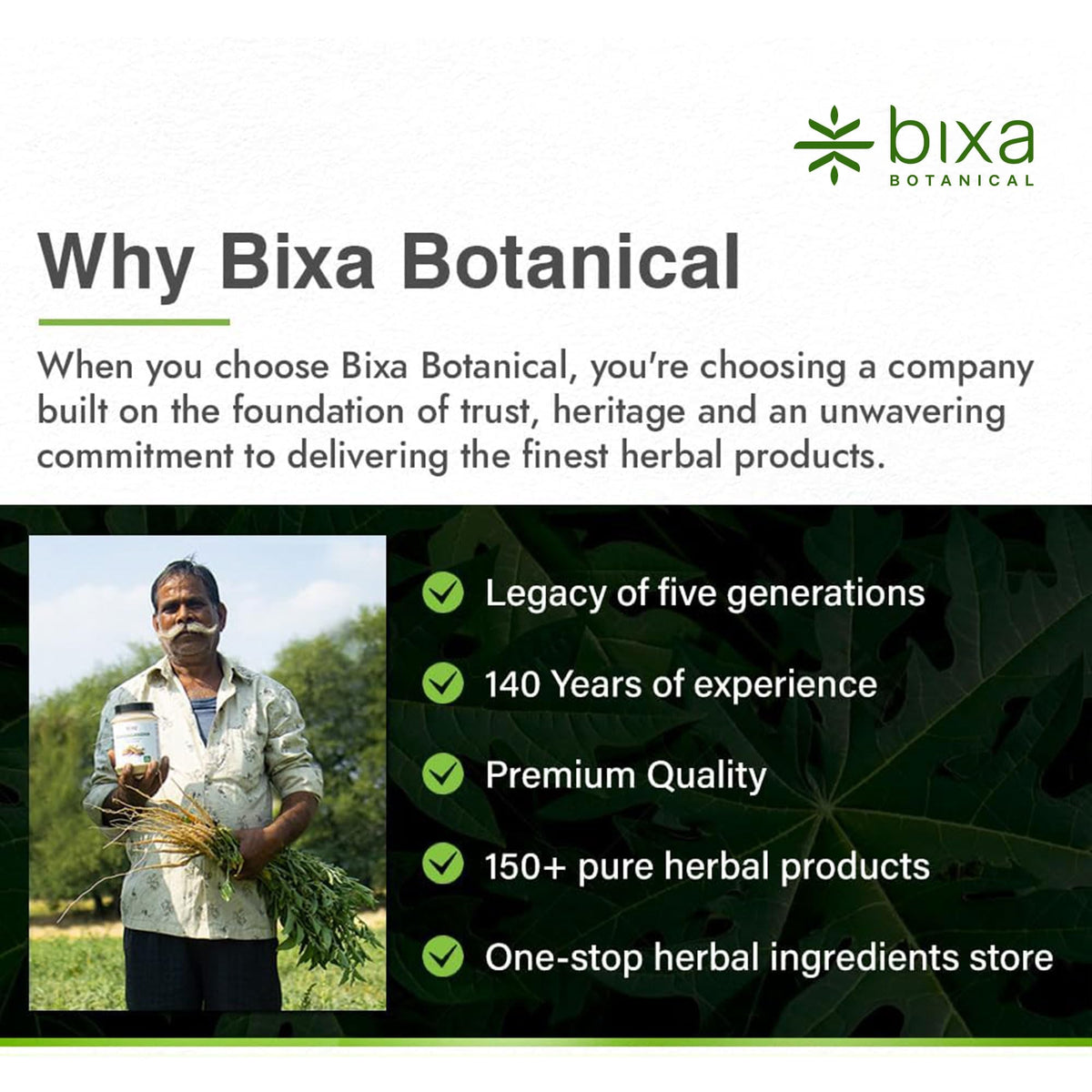 bixa BOTANICAL Poudre de Safed Musli 200 g sur une table