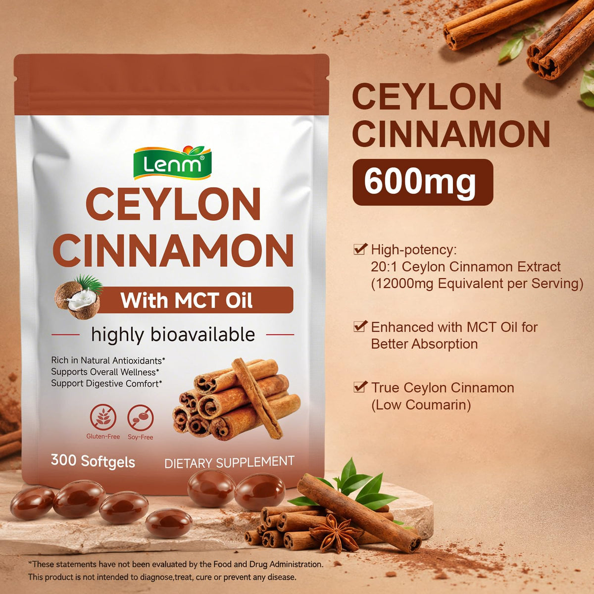 BKKTfBWK gélules de cannelle de Ceylan avec huile MCT sur fond blanc