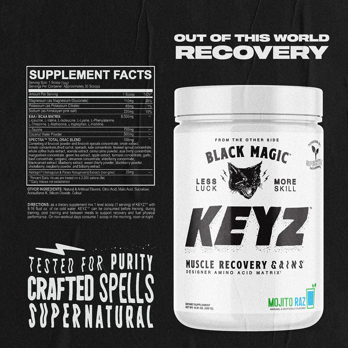 Black Magic Keyz Poudre d'Amino Acides 531g dans un verre avec de l'eau
