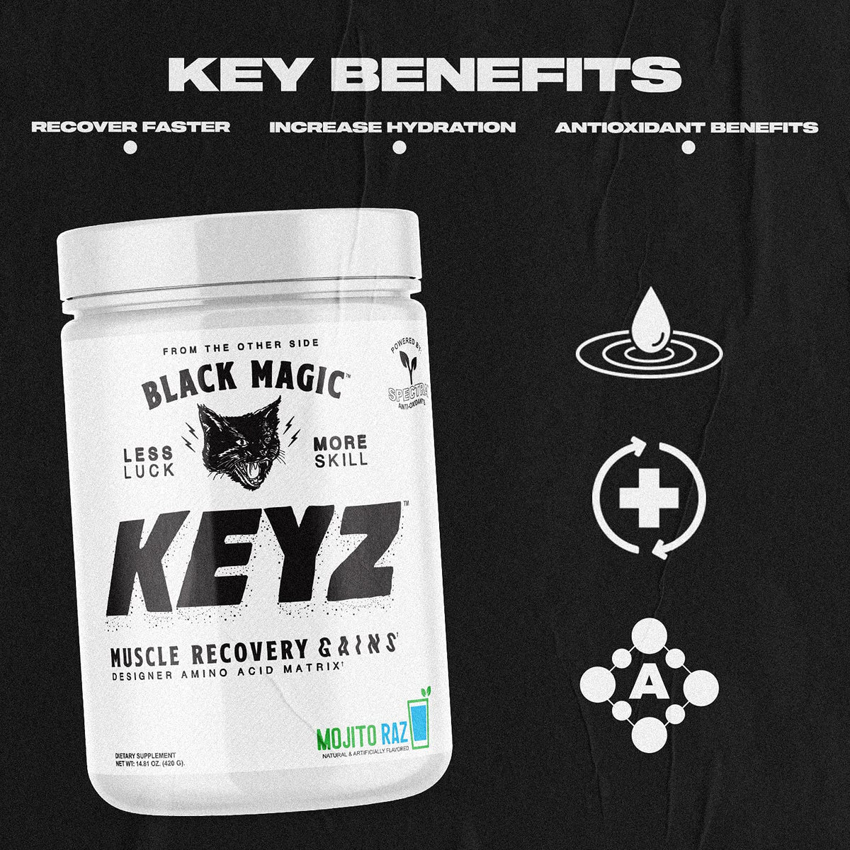 Black Magic Keyz Poudre d'Amino Acides 531g - vue de côté montrant l'emballage