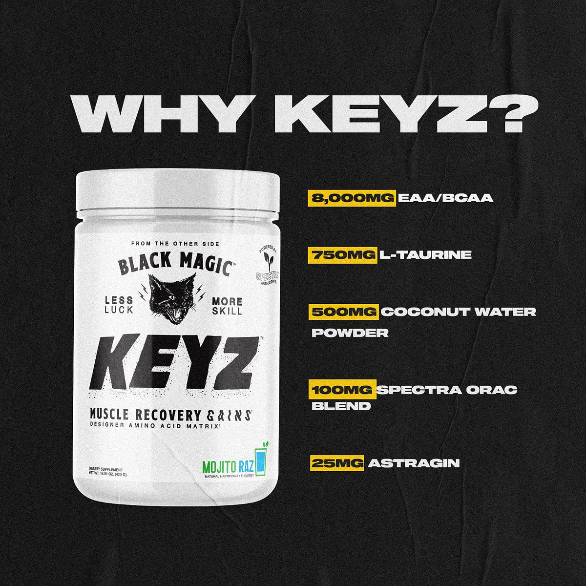 Black Magic Keyz Poudre d'Amino Acides 531g - vue de dos avec informations nutritionnelles