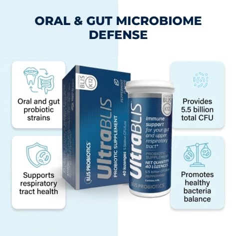 BLIS UltraBLIS Probiotiques K12 pastilles menthe sur une table