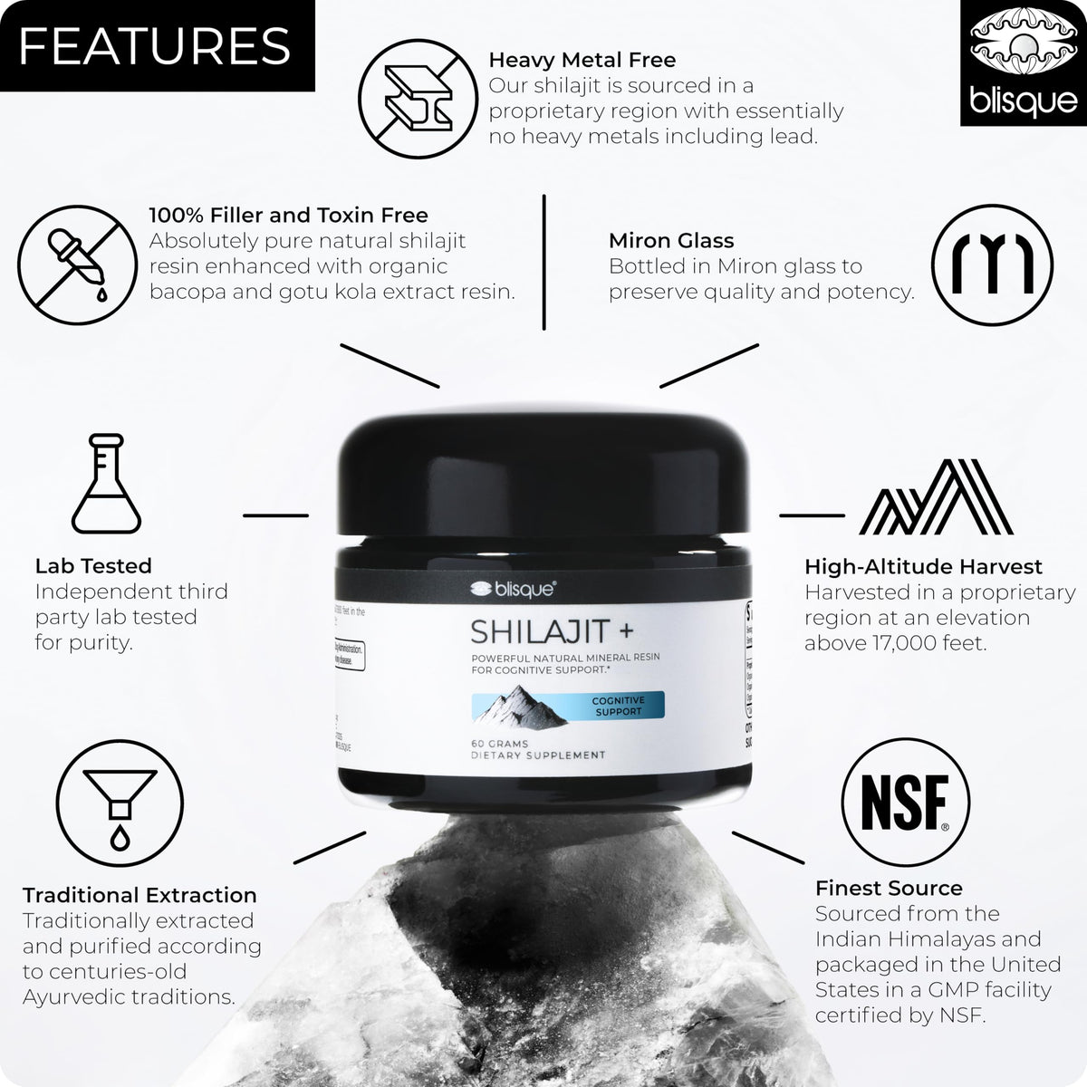 Blisque Résine de Shilajit Himalayen Pur 60g sur une surface en bois