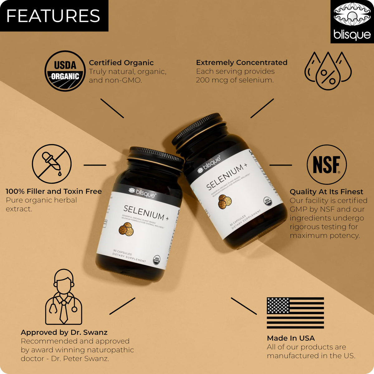 Blisque sélénium bio capsules avec graines de moutarde en arrière-plan