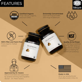 Blisque sélénium bio capsules avec graines de moutarde en arrière-plan