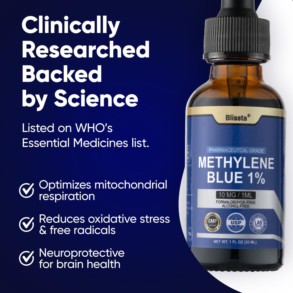 Blissta Methylene Blue 1% 30ml bottle on a wooden table