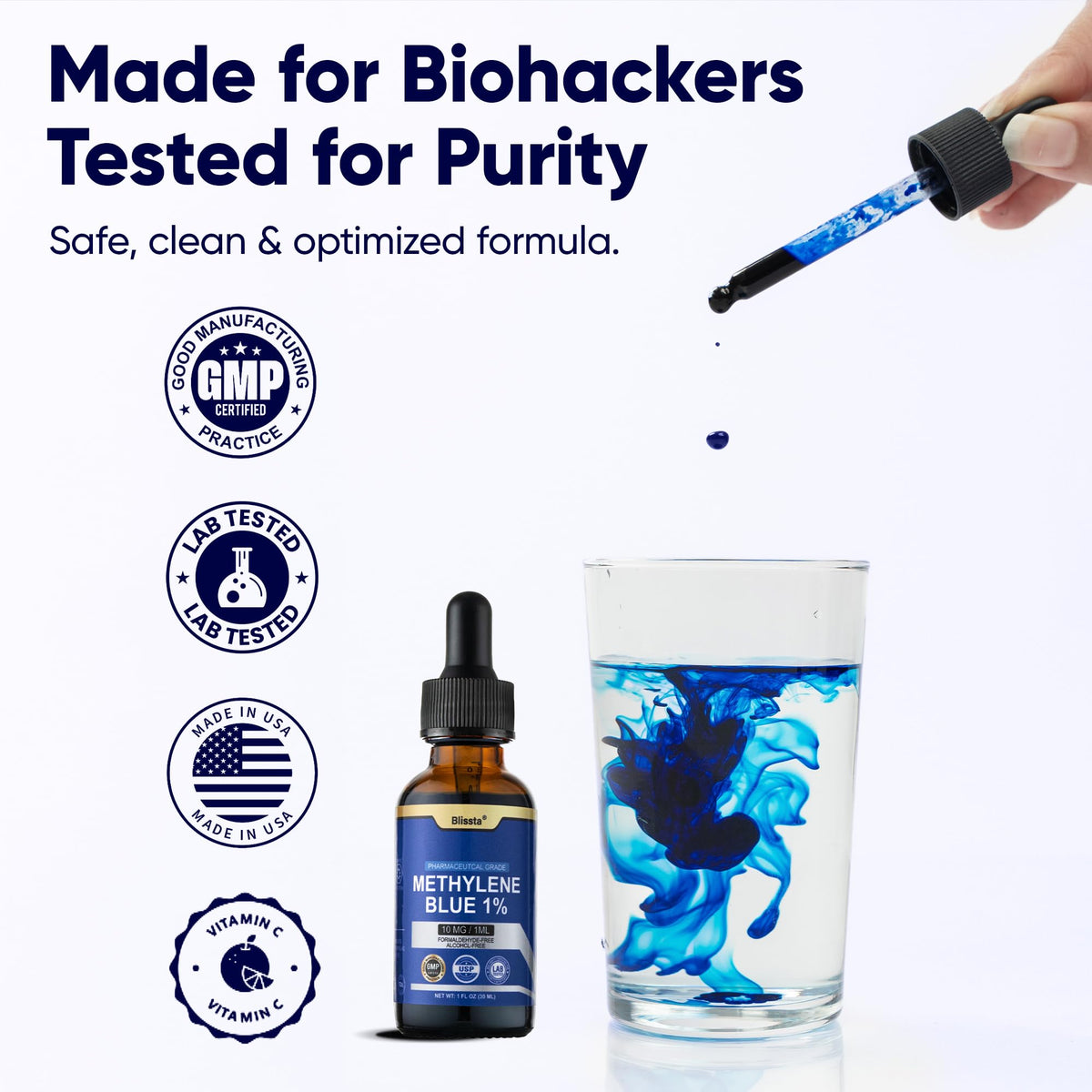 Blissta Methylene Blue 1% 30ml bottle with measuring spoon