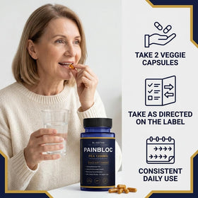 Blissta PainBloc 1200mg PEA, capsules végétales sur un fond blanc