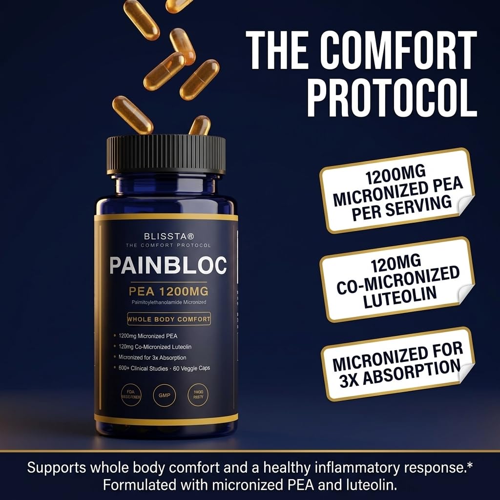 Blissta PainBloc 1200mg PEA capsules végétales, vue de côté
