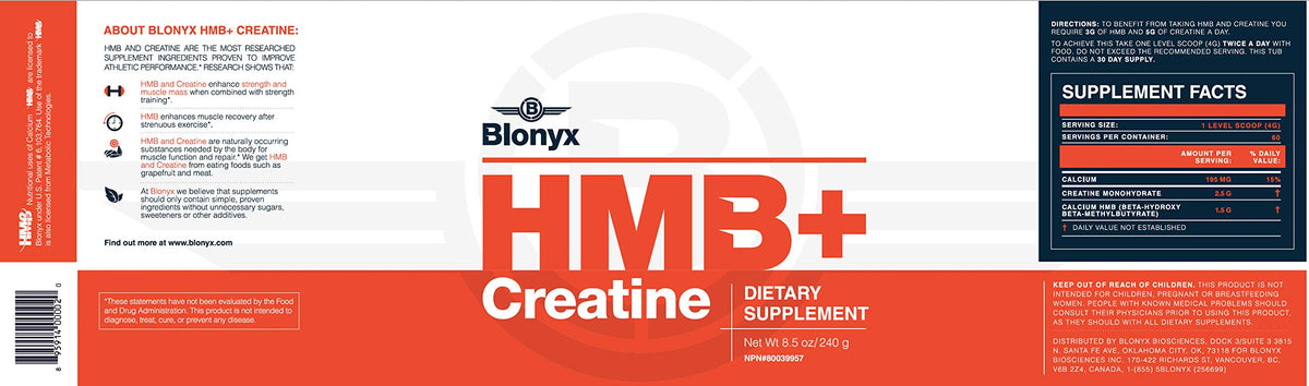 Blonyx HMB + Créatine sur une table avec équipement de sport