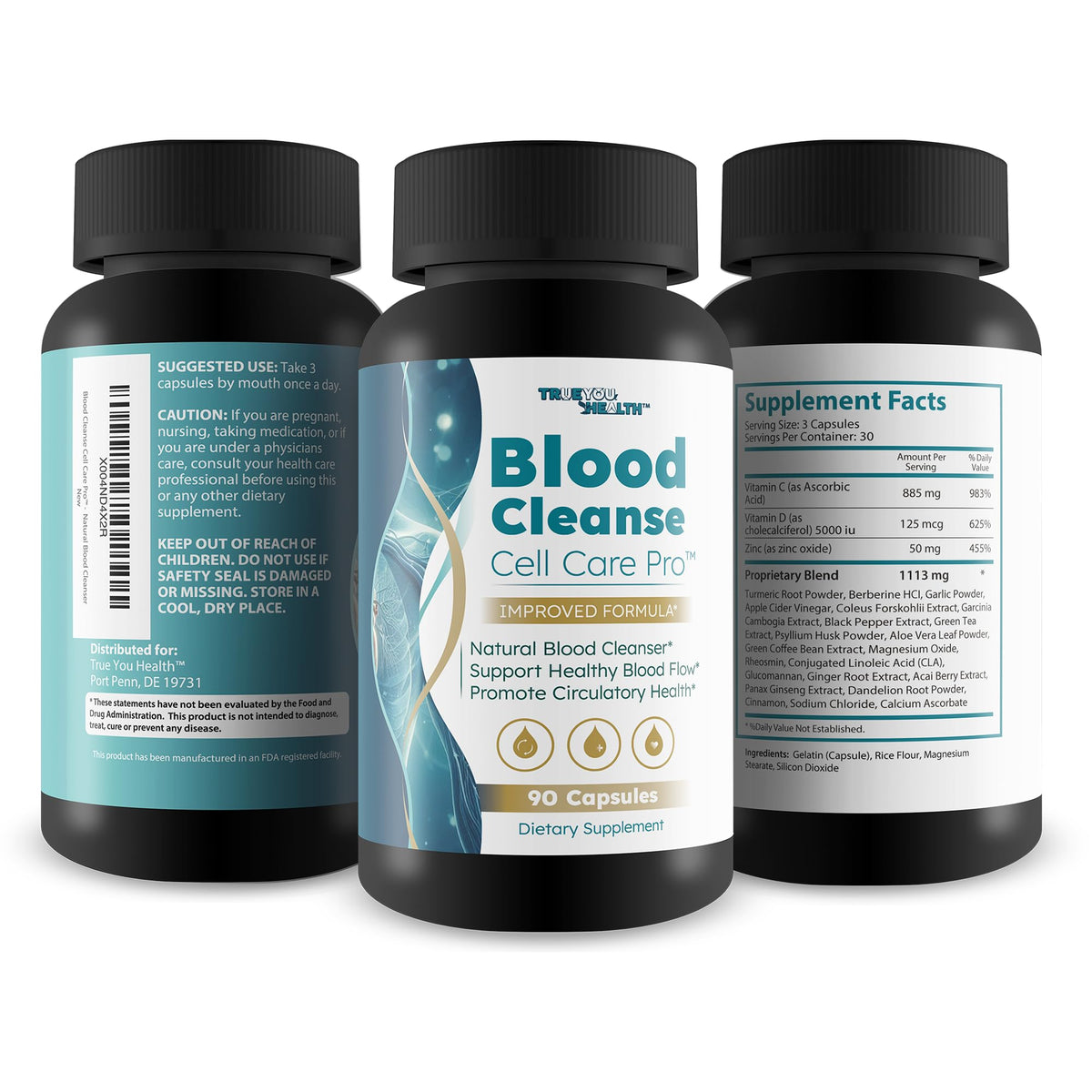 Blood Cleanse Cell Care Pro, flacon ouvert avec gélules visibles
