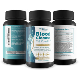 Blood Cleanse Cell Care Pro, flacon ouvert avec gélules visibles