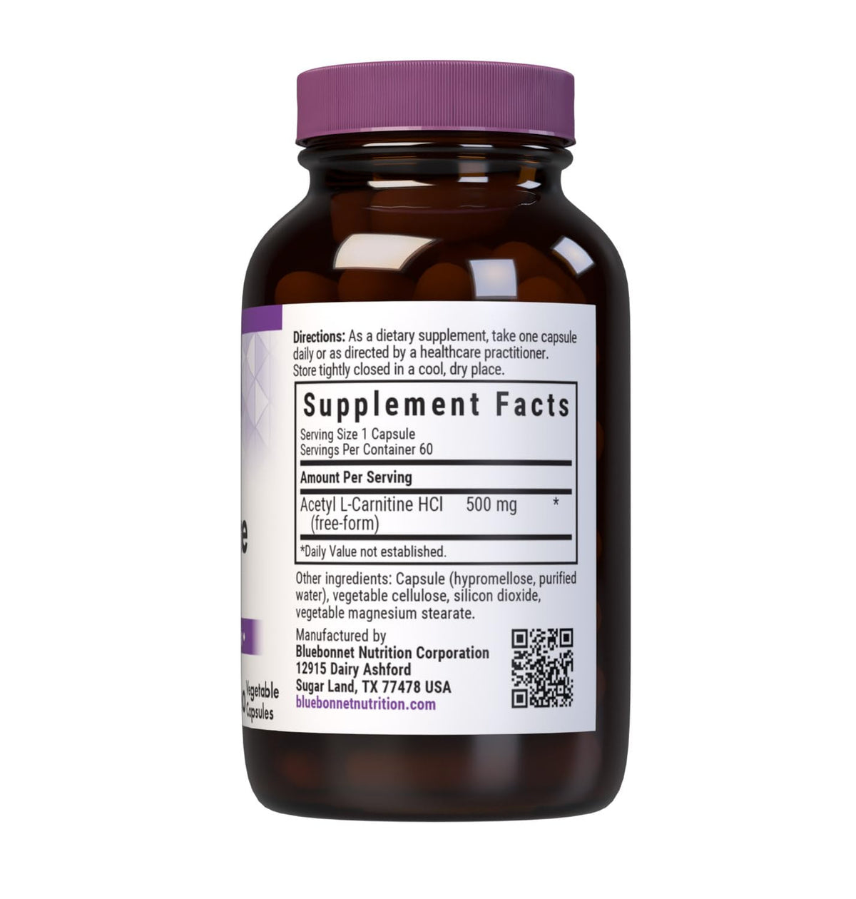 BlueBonnet Acétyl L-Carnitine 500 mg capsules végétales arrière