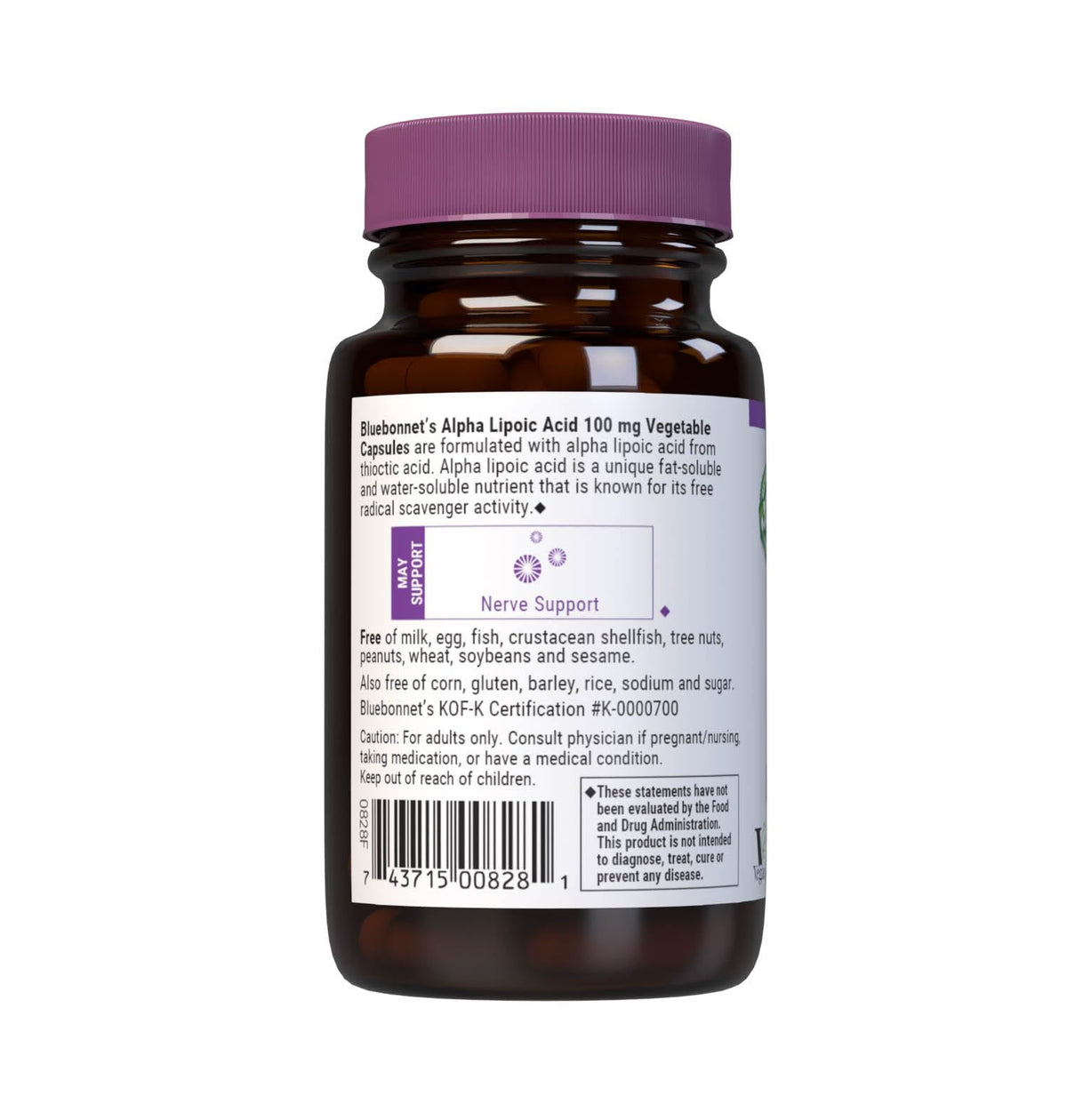 BlueBonnet Acide Alpha-Lipoïque 100 mg étiquette avec ingrédients