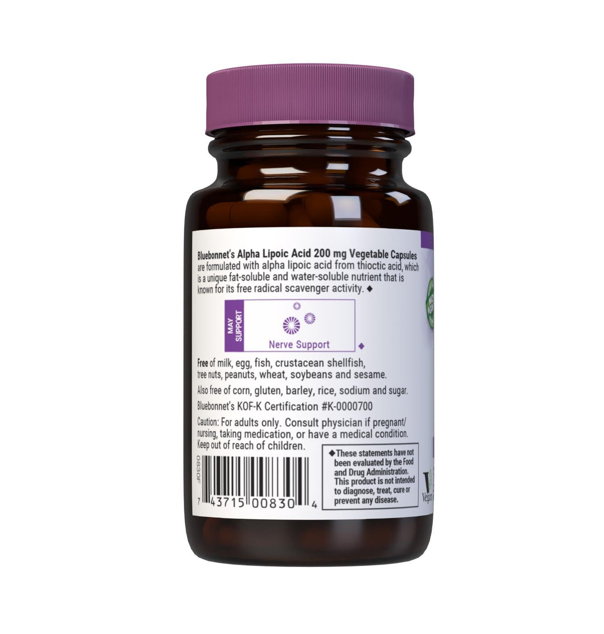 BlueBonnet Acide Alpha Lipoïque 200 mg bouteille sur fond neutre