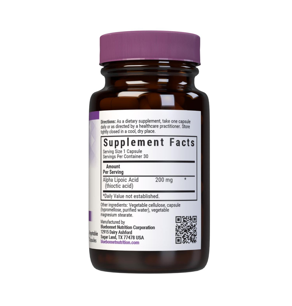 BlueBonnet Acide Alpha Lipoïque 200 mg étiquette avec ingrédients