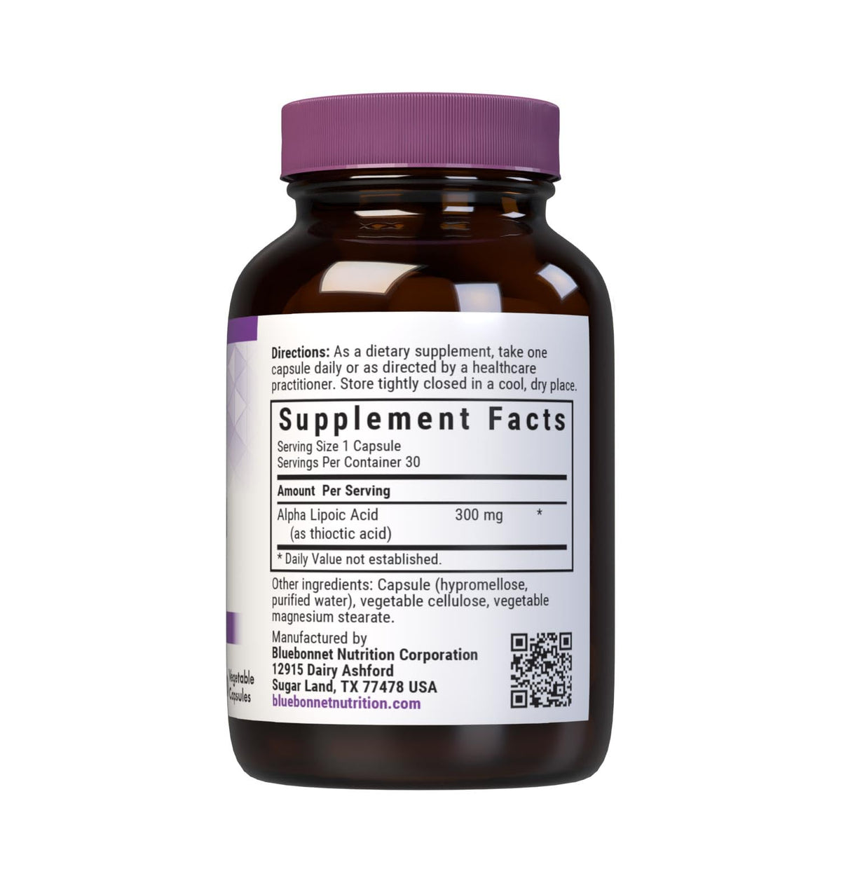 BlueBonnet Acide Alpha-Lipoïque 300 mg, vue arrière de l'emballage
