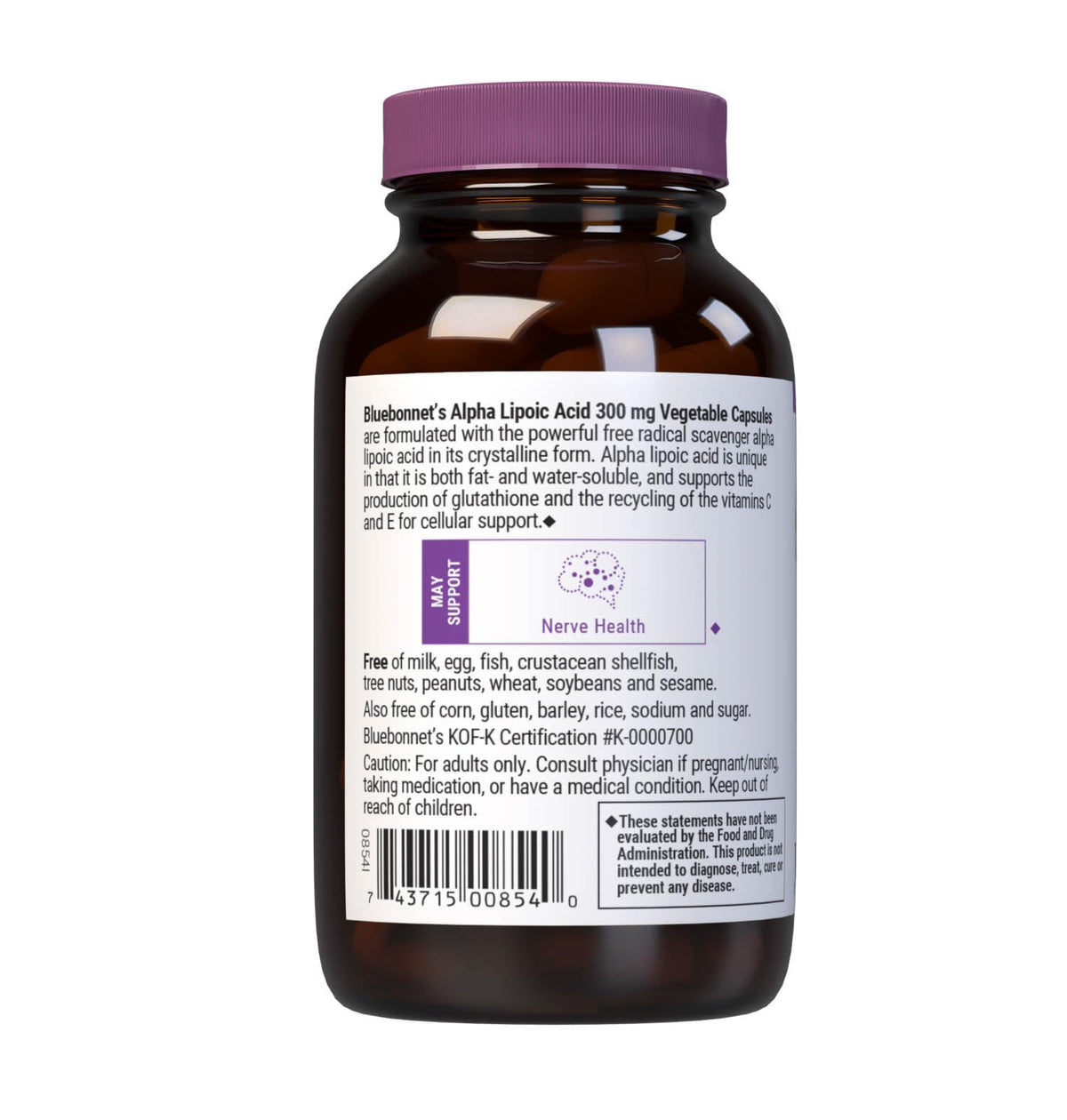 BlueBonnet Acide Alpha-Lipoïque 300mg, capsules végétales sur fond blanc