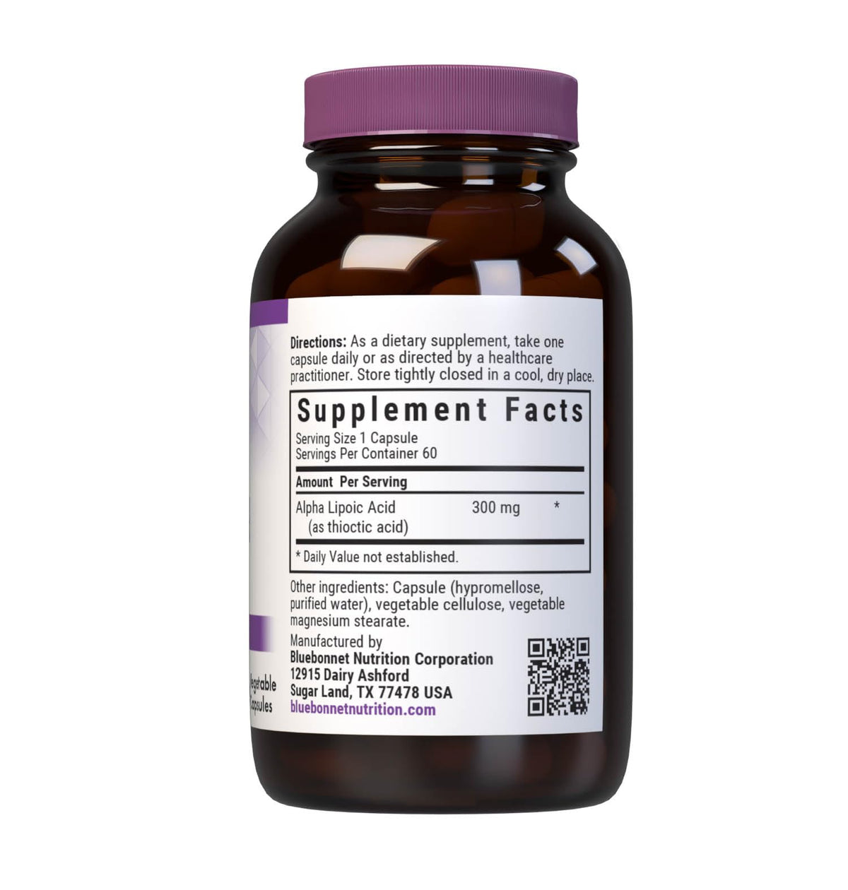 BlueBonnet Acide Alpha-Lipoïque 300mg, vue arrière de l'étiquette