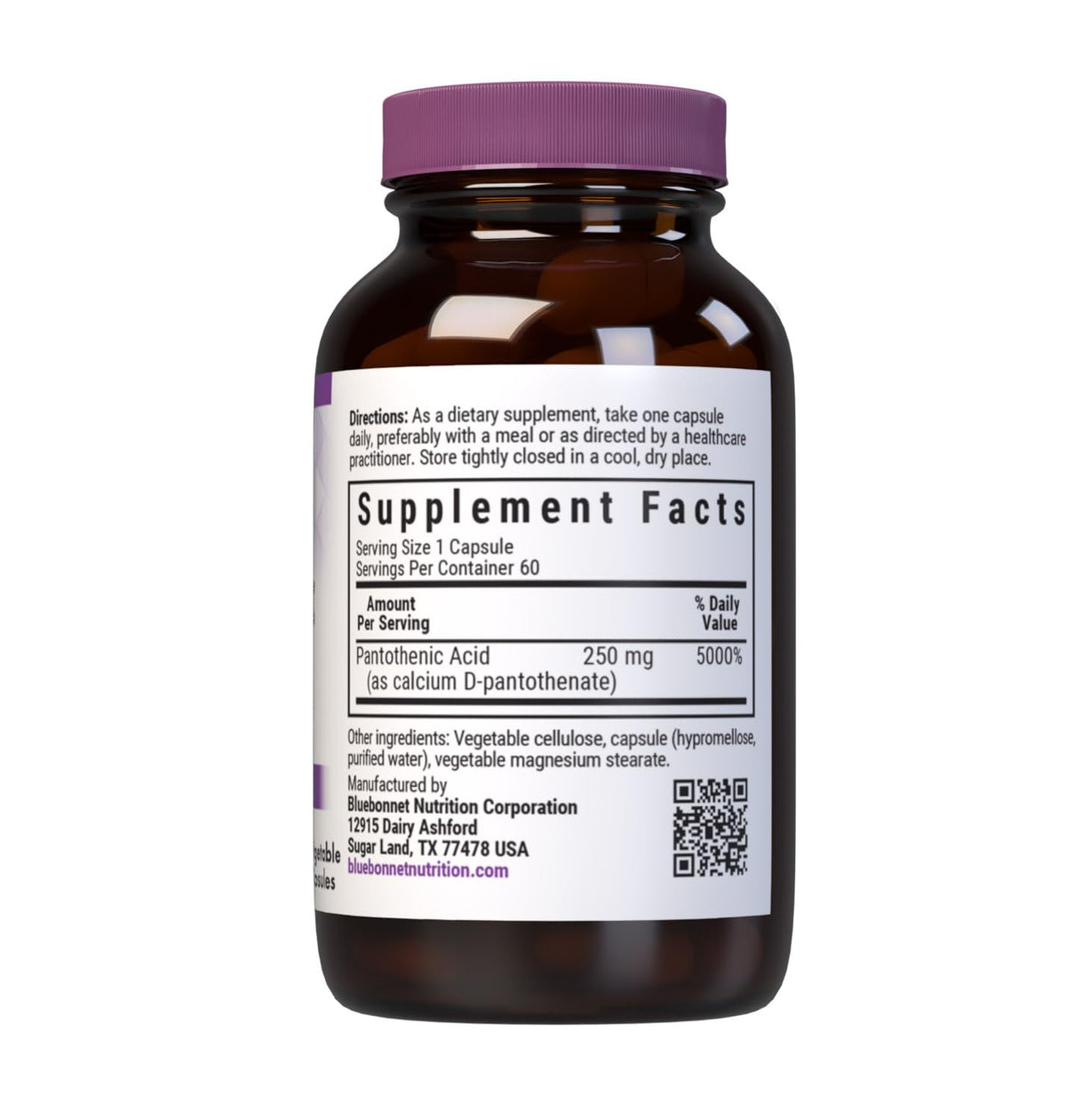 BlueBonnet Acide Pantothénique 250 mg gélules végétales avec étiquette